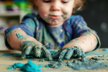 child with messy hands while playing with nontoxic cosmetic clay - obrazy, fototapety, plakaty