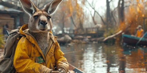 Adventurous Kangaroo Exploring Autumn Rivers in Fashionable Yellow Jacket Banner