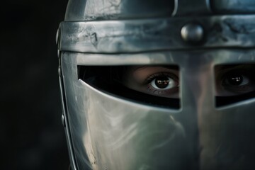 person peering through the slit of a closed helmet