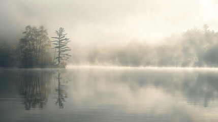 A serene and mystical image depicting a foggy lakeside scene with trees half-hidden in the mist, reflecting on the calm water