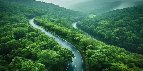 Aerial view of   road on green forest background