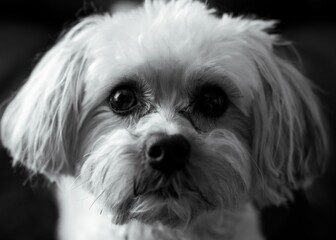 Grayscale of an adorable domestic Maltese dog with a blurry background