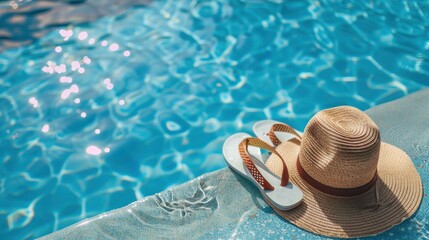 Pair of flip flops and a summer hat rest beside a swimming pool. - obrazy, fototapety, plakaty
