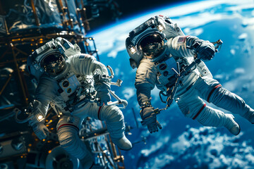 Galactic Repair: Astronauts Conducting Spacewalk to Fix Station with Earth in Background - obrazy, fototapety, plakaty