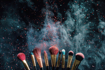 Makeup brushes with powder explosion on dark background - obrazy, fototapety, plakaty