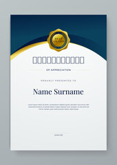 Blue white and gold certificate design with luxury and modern certificate award design template pattern. Certificate of achievement, awards diploma, education, school