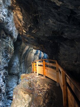 Vertical of a wooden staircase in caves in Austria
