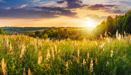 panoramic countryside scene with wildflowers in sunlit high grass