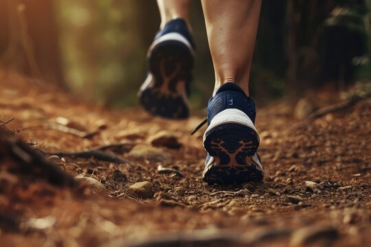 close-up of Fitness lifestyle, close-up of running shoes on a forest trail, action shot capturing movement and determination.