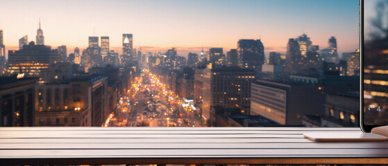 Empty white table with city view at sunset. Mock up,