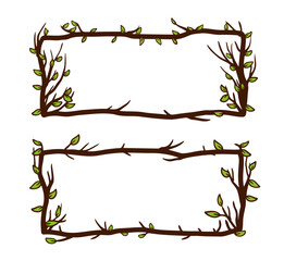 Tree frame, floral horizontal border. Plant and twig decoration isolated on white background. Decorative vintage scary element with leaves. Dark forest concept.