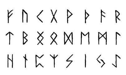 Scandinavian runes. black letters on white background. Set of old Norse Runic alphabet, Futhark. Ancient occult Viking characters on white background, rune font. - obrazy, fototapety, plakaty