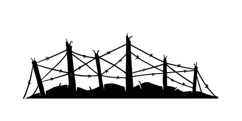 Barbed wire. Silhouette of military barricades. Defensive fortifications. Scenery of modern military conflict. Black illustration isolated on white