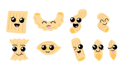 Pasta Character. Set of Smiling Kawaii happy face of spaghetti or italian macaroni food. Decoration for restaurant menu. Traditional ingredient mascot. Flat cartoon illustration