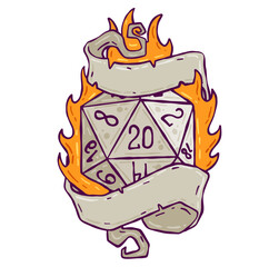 Dice d20 for playing Dnd. Dungeon and dragons board game. Cartoon outline drawn illustration with copy space for text