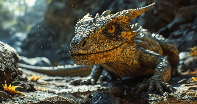 Close up of the head of a stegosaurus dinosaur.