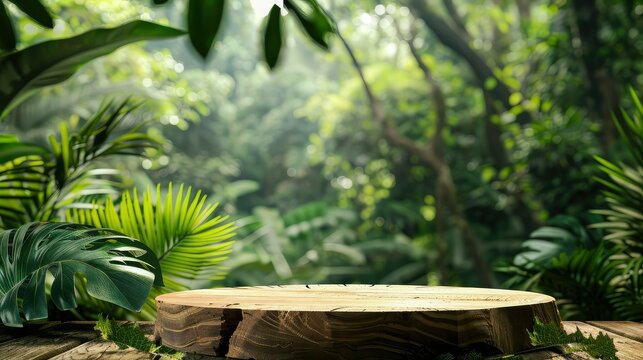 Wooden podium in tropical forest for product presentation and green background.
