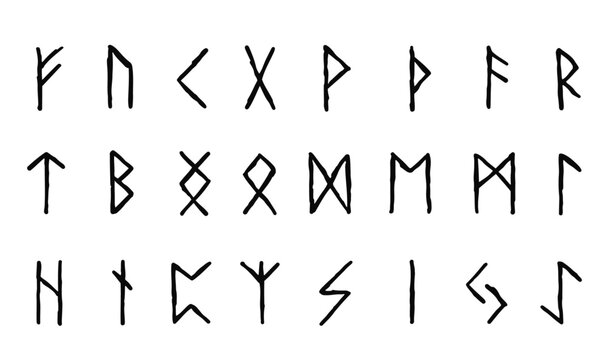 Scandinavian runes. black letters on white background. Set of old Norse Runic alphabet, Futhark. Ancient occult Viking characters on white background, rune font.