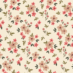 Seamless floral pattern, cute liberty ditsy print of mini botany in a romantic motif. Pretty simple botanical design: small hand drawn flowers, tiny leaves abstract on light field. Vector illustration © Yulya i Kot