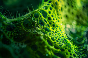 A close-up of a vibrant green biological texture evoking a sense of microscopic life.