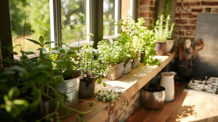 Fototapeta na wymiar Window Sill Overflowing With Potted Plants by Window