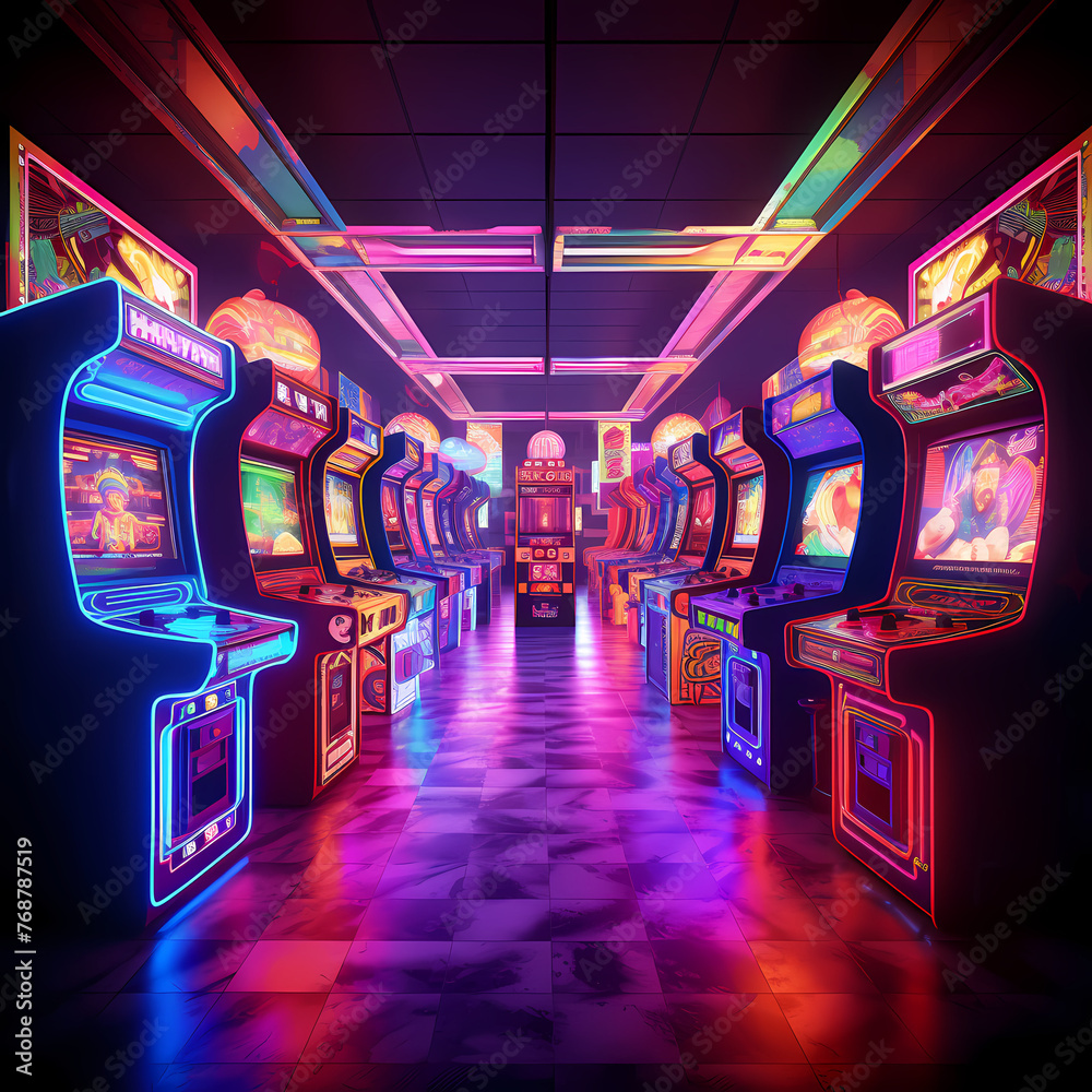 Wall mural retro arcade with glowing game machines.