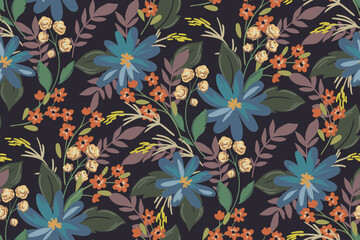 Seamless floral pattern, abstract ditsy print of wild plants in a vintage motif. Elegant botanical design: hand drawn large flowers, small leaves, artistic meadow on a dark field. Vector illustration. © Yulya i Kot