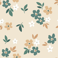 Seamless floral pattern, liberty ditsy print, simple nature decor. Cute botanical design: small hand drawn pretty flowers, tiny leaves, mini bouquets on a light beige background. Vector illustration.