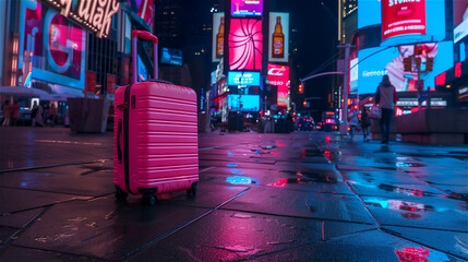 Valise rose en voyage à New York sur Times Square la nuit - obrazy, fototapety, plakaty
