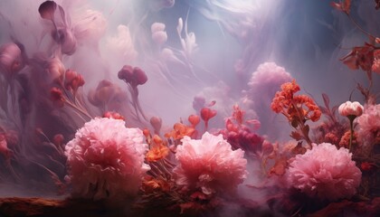 Fototapeta na wymiar Enchanting beauty of an abstract background, as pastel pink flowers undergo a mesmerizing transformation into wisps of swirling smoke, evoking a sense of mystery and wonder.