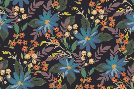 Seamless floral pattern, abstract ditsy print of wild plants in a vintage motif. Elegant botanical design: hand drawn large flowers, small leaves, artistic meadow on a dark field. Vector illustration.