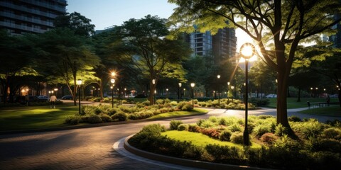 Sun Shining Brightly Through Trees in Urban Park Generative AI