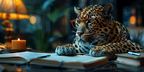 Zelfklevend Fotobehang Studious Spotted Leopard with Glasses Reading at Night Banner © Алинка Пад