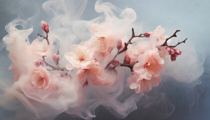 Enchanting beauty of an abstract background, as pastel pink flowers undergo a mesmerizing transformation into wisps of swirling smoke, evoking a sense of mystery and wonder.
