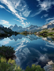 Stunning alpine scenery with majestic peaks mirrored perfectly in a serene alpine lake, under a sky with delicate cloud formations