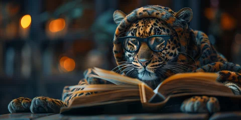 Foto op Aluminium Intelligent Jaguar Engrossed in a Book with Glasses Banner: A Study in Wild Focus © Алинка Пад