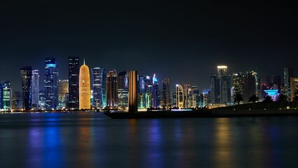 Scenic view of the cityscape of Doha, Qatar at night
