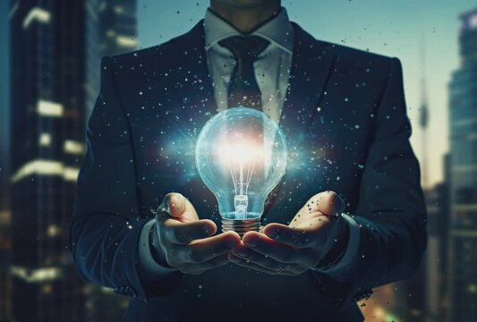 A man is holding a light bulb in his hand. The light bulb is glowing brightly, and the man is wearing a suit and tie. Concept of innovation and progress