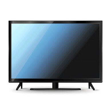 A black flat screen TV with an empty blue light background on white background, vector illustration style, simple lines, no shadowing and highlights, high resolution, high quality, high detail