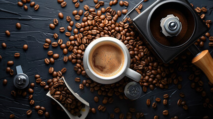 Aerial Coffee Scene: Cup, Beans, Grinder - obrazy, fototapety, plakaty
