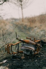 Fototapeta na wymiar Vertical closeup of a rusty abandoned metal piece in dried grass