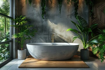Modern, contemporary bathroom design, flat empty walls ,concrete and wood decorations.
