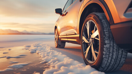 Fototapeta na wymiar Sleek SUV on Icy Road at Sunset in Winter Landscape