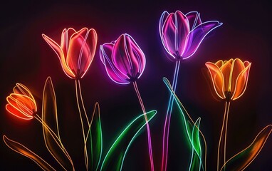 Multicolor neon light drawing, tulip flowers isolated on black background. Glowing line art. 
