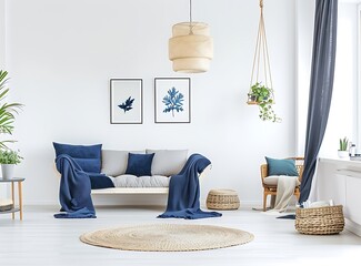 A bright, airy living room with white walls and floor, featuring a navy blue armchair near a sofa with a dark blue blanket on it