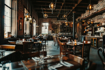 A quaint and atmospheric restaurant interior with empty tables awaiting diners. - obrazy, fototapety, plakaty