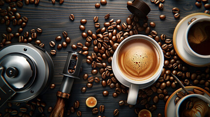 Aerial Coffee Scene: Cup, Beans, Grinder - obrazy, fototapety, plakaty