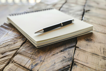 A notepad and pen lie on a rustic wooden table, inviting creative thoughts.