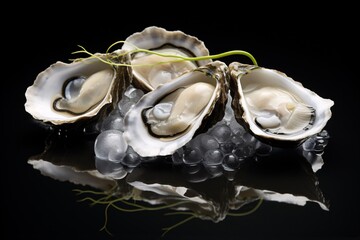 a group of oysters on a black surface