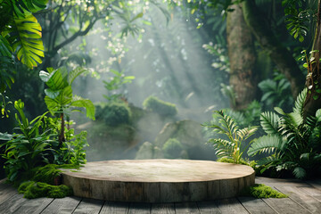 nature podium concept. podium stage in the forest with many plants. 3d rendering, ai generative